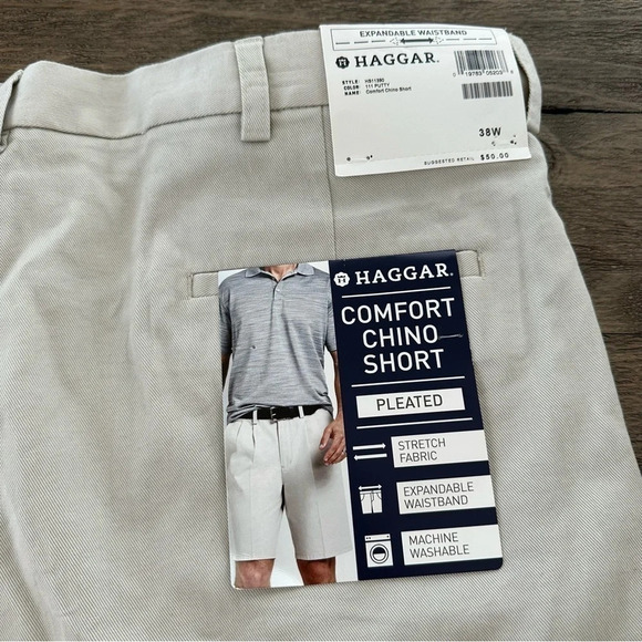 NWT Haggar Mens 38 waist Comfort Chino Shorts Pleated Expandable Waistband tan - Picture 6 of 6